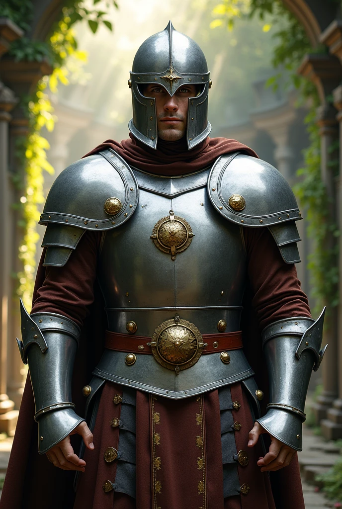 A white man in his 30s, wearing RPG game warrior-style clothing and a helmet that covers his entire face. The helmet is silver,
The helmet is circular in shape and has a thick cross-shaped band on the front of the face centered around the eyes. Only the eyes have eye-shaped holes so they can see.
The brown collar is thick and high around the neck.
Silver armor covers the chest area, but the abdominal muscles are exposed. Armor style with bare shoulders exposed,
There are silver round buttons on both sides of the shoulder bones, and they are fastened to these buttons, so that the cloak is connected behind the shoulders.
There is a large, subtle gold decoration in the center of the chest armor. It is a simple and heavy decoration in the medieval style.
On his hands, he wears very large, sturdy-looking armored armor.