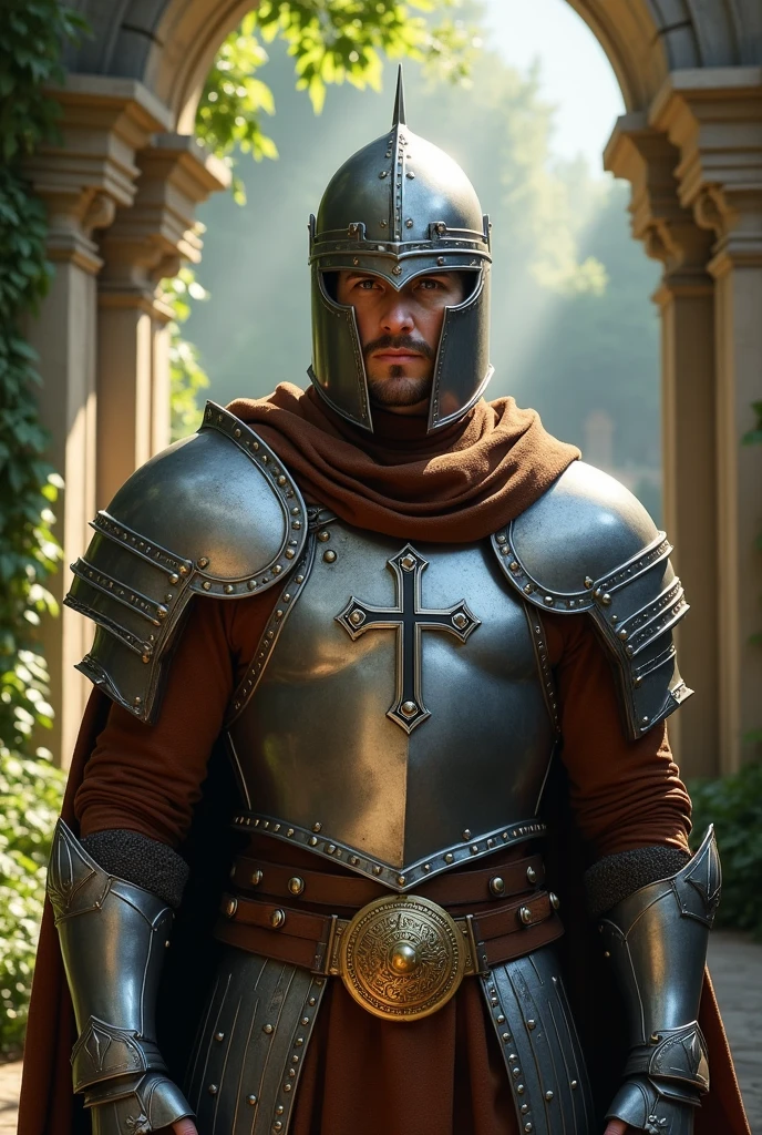 A white man in his 30s, wearing RPG game warrior-style clothing and a helmet that covers his entire face. The helmet is silver,
The helmet is circular in shape and has a thick cross-shaped band on the front of the face centered around the eyes. Only the eyes have eye-shaped holes so they can see.
The brown collar is thick and high around the neck.
Silver armor covers the chest area, but the abdominal muscles are exposed. Armor style with bare shoulders exposed,
There are silver round buttons on both sides of the shoulder bones, and they are fastened to these buttons, so that the cloak is connected behind the shoulders.
There is a large, subtle gold decoration in the center of the chest armor. It is a simple and heavy decoration in the medieval style.
On his hands, he wears very large, sturdy-looking armored armor.