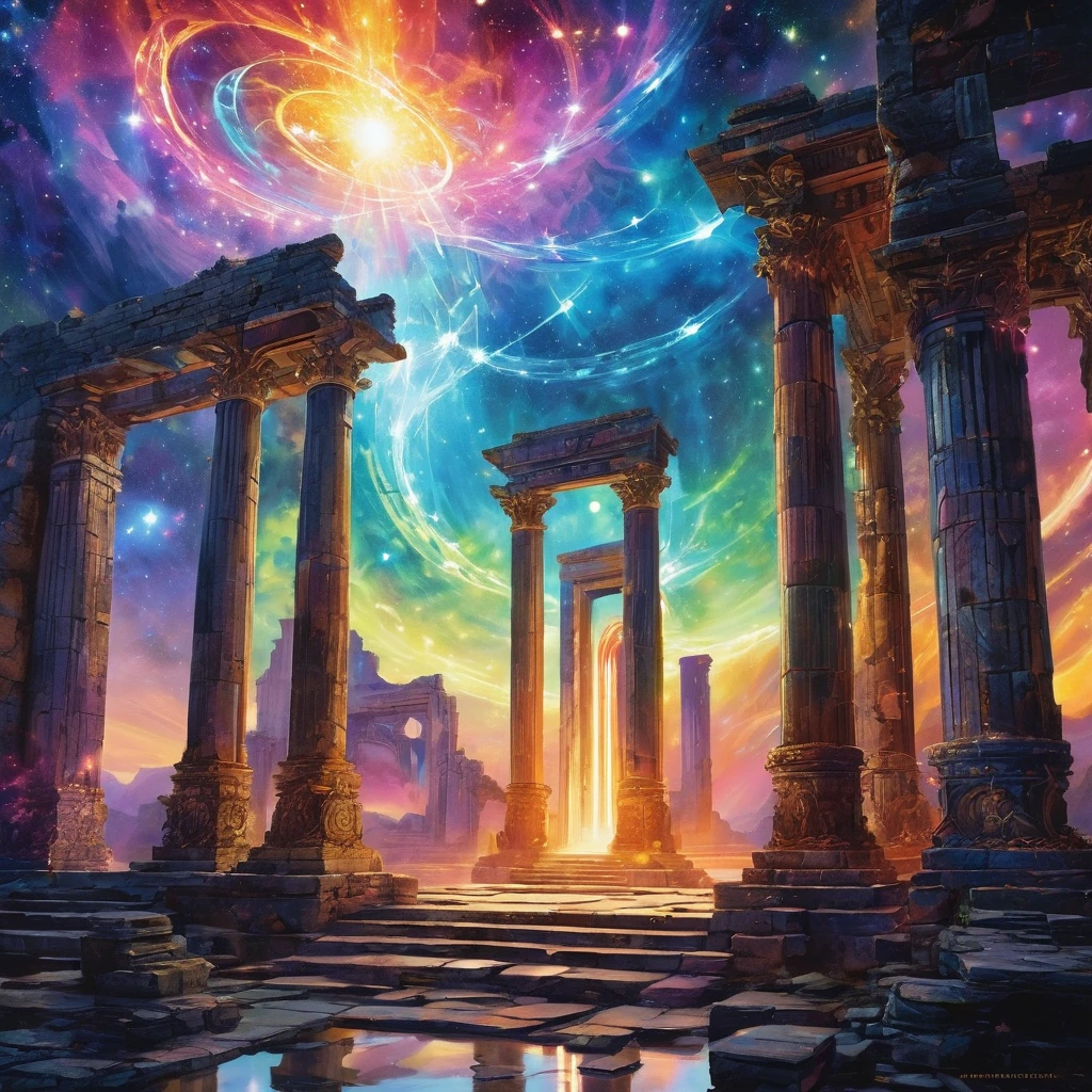Floating ancient ruins, Cracked texture, Glowing lights, Mysterious atmosphere, Surrealist art style, Vibrant colors, Ethereal Beauty, Dreamlike scenery, Magic Essence, Celestial Bodies, Drifting, Cosmic Energy, Charming aura, unforgettably beautiful, Otherworldly existence, Mysterious atmosphere, Transcendental Experience, Surrealist elements, Intricate details, Sacred symbol, eternal, Mysterious charm