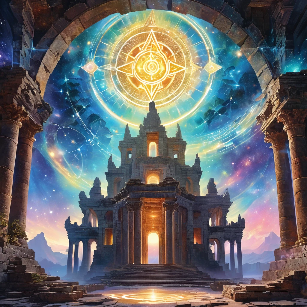 Floating ancient ruins, Cracked texture, Glowing lights, Mysterious atmosphere, Surrealist art style, Vibrant colors, Ethereal Beauty, Dreamlike scenery, Magic Essence, Celestial Bodies, Drifting, Cosmic Energy, Charming aura, unforgettably beautiful, Otherworldly existence, Mysterious atmosphere, Transcendental Experience, Surrealist elements, Intricate details, Sacred symbol, eternal, Mysterious charm