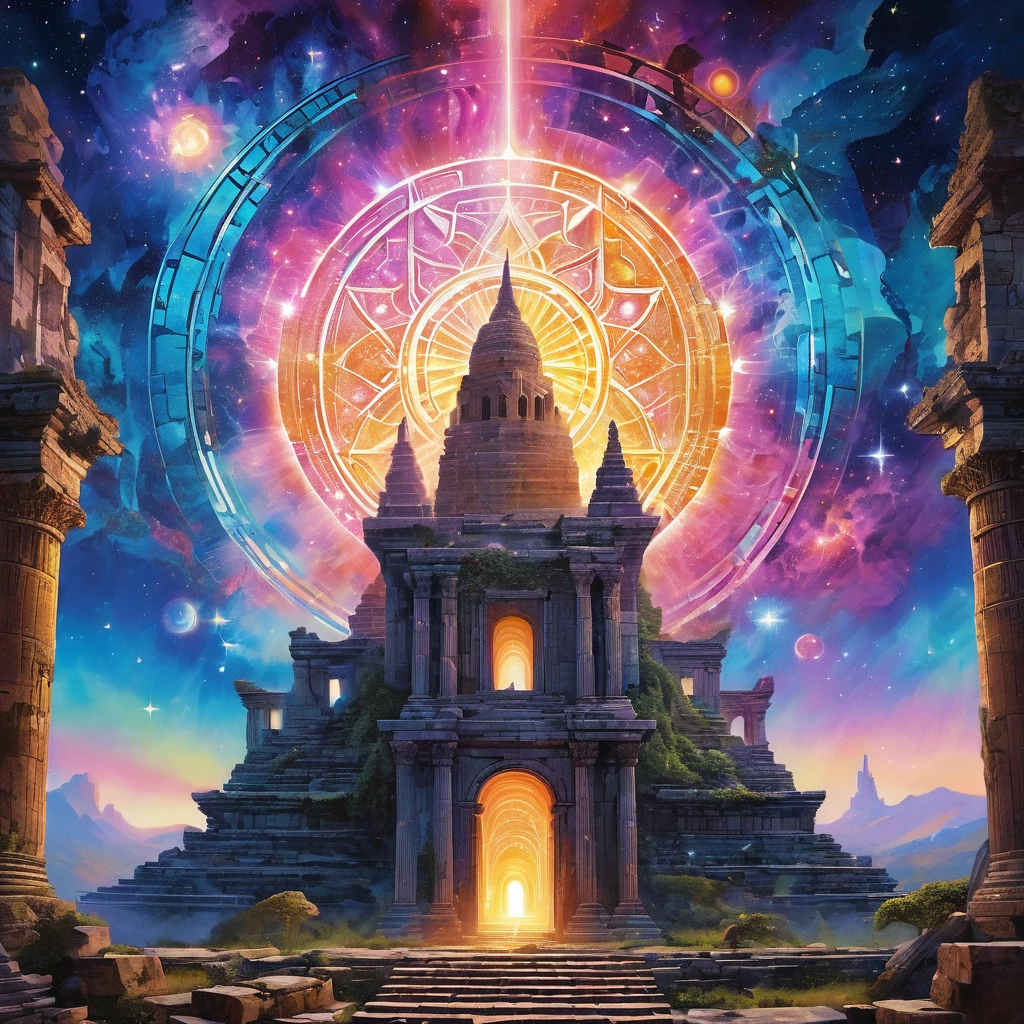 Floating ancient ruins, Cracked texture, Glowing lights, Mysterious atmosphere, Surrealist art style, Vibrant colors, Ethereal Beauty, Dreamlike scenery, Magic Essence, Celestial Bodies, Drifting, Cosmic Energy, Charming aura, unforgettably beautiful, Otherworldly existence, Mysterious atmosphere, Transcendental Experience, Surrealist elements, Intricate details, Sacred symbol, eternal, Mysterious charm