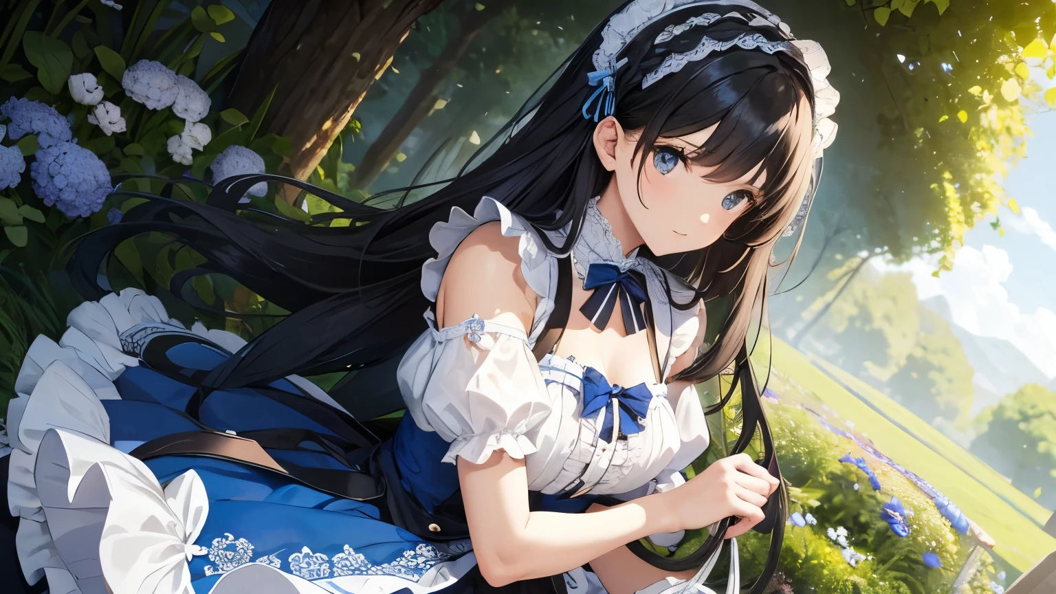 A beautiful woman wearing a blue and white pannier dress adorned with lots of frills and lace.　Long black hair half-up with hair accessories　Upper Body