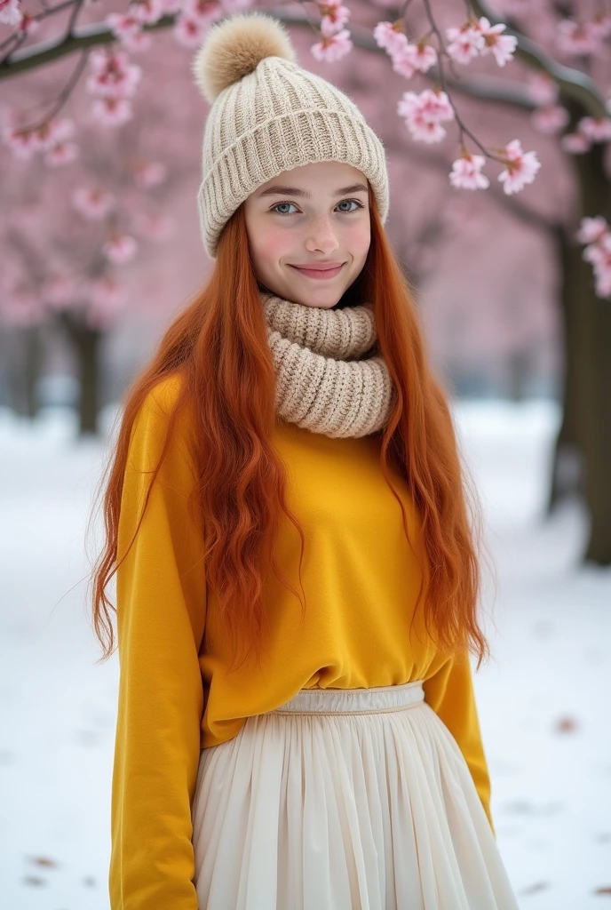 Portrait of a  Russian girl with long, straight red hair, cerly wearing a yellow shirt,and a long white skirt, wearing a knitted ciput and a scarf around the neck,is in the snow and surrounded by beautiful cherry blossom trees, facing the camera 