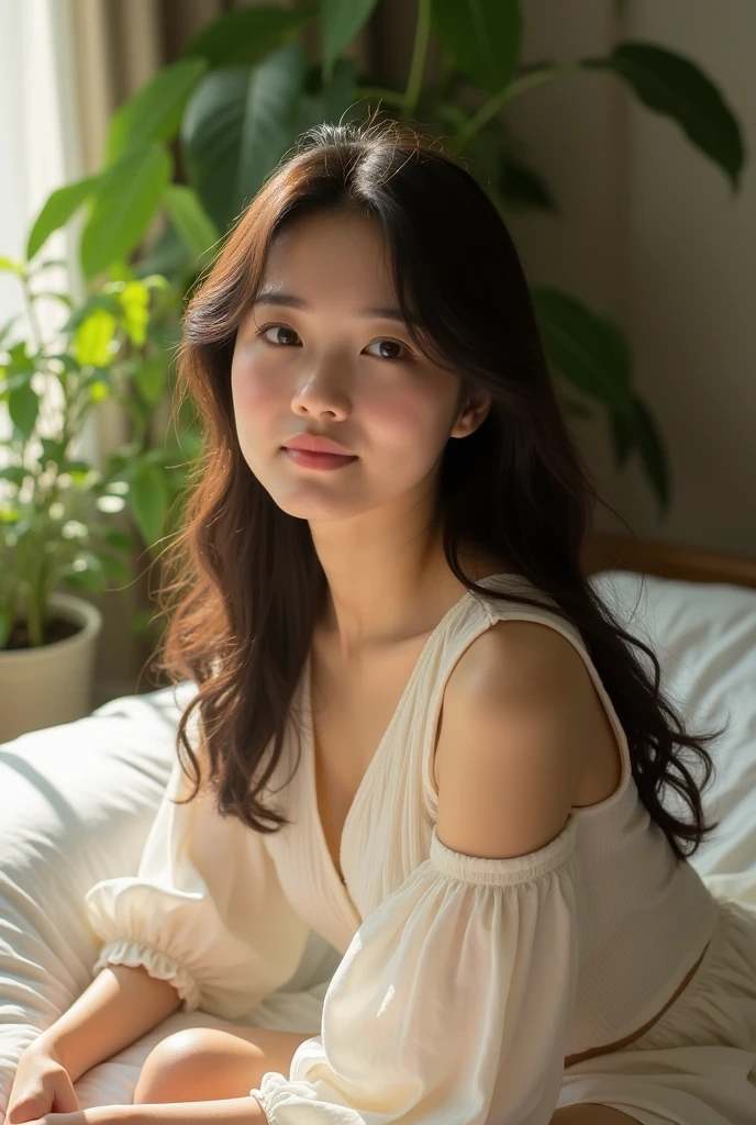 Asian women portrait photography,warm sunlight,Green plants placed beside the bed,indoor