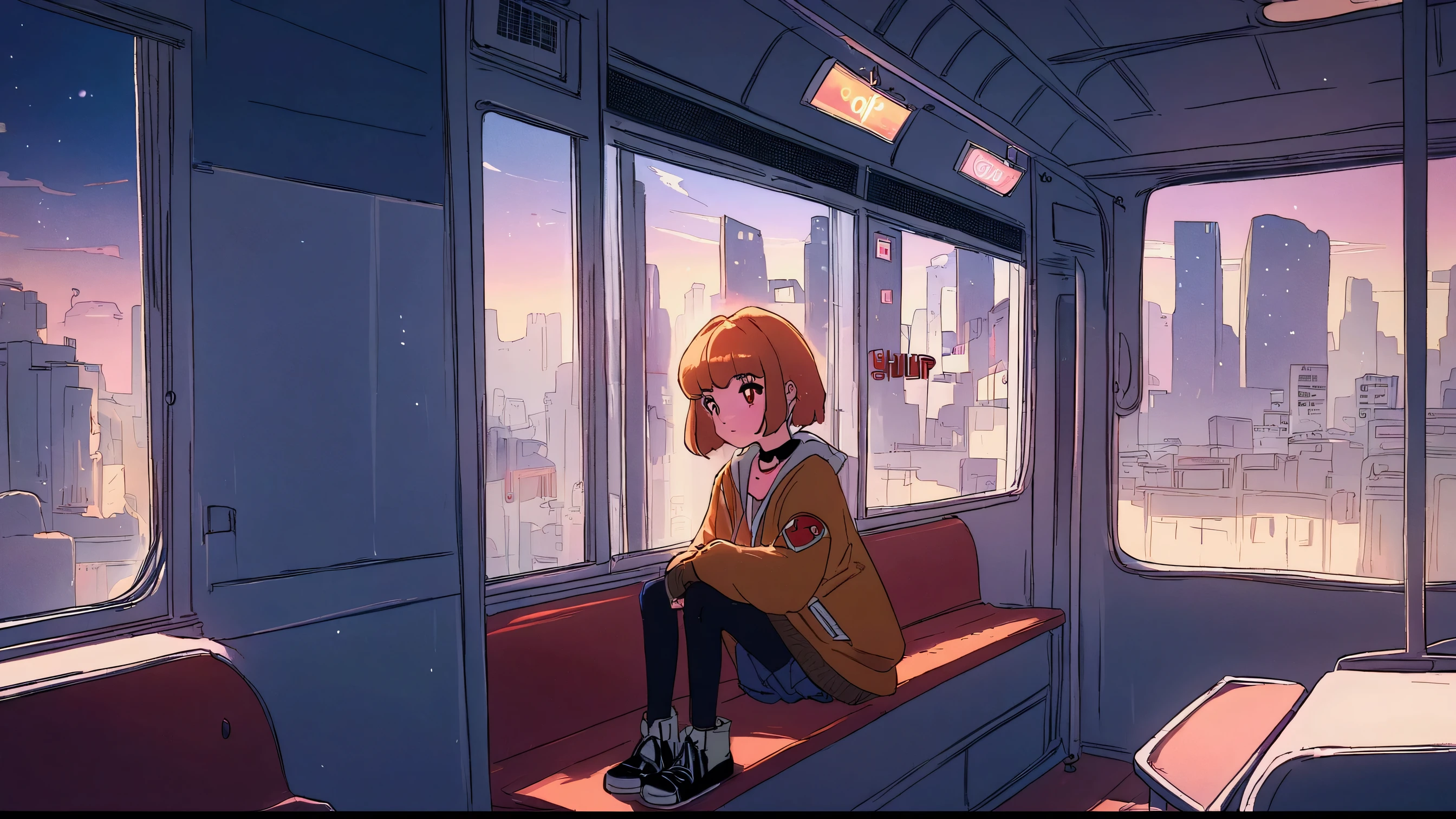 anime girl sitting on a bus looking out the window at the city, an anime drawing by Yuumei, trending on cg society, digital art, lofi hip hop, lofi girl, lofi artstyle, lofi art, lofi feel, chillhop, lofi vibes, lofi aesthetic, lofi, lofi girl aesthetic, anime aesthetic
