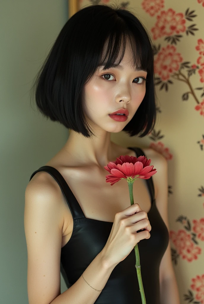 editorial photography,super detailed background,Super realistic,double exposure,depth of field,asian beauty super skinny vides,soft focus tone,narrative scene,Wabi-Sabi wallpaper,open Crimson lips,narrow eyes,For entertainment matte rubber bodysuit,super short bob-cut hairstyle,baby face,Portrait photo of a woman with a single flower,negative fill,
