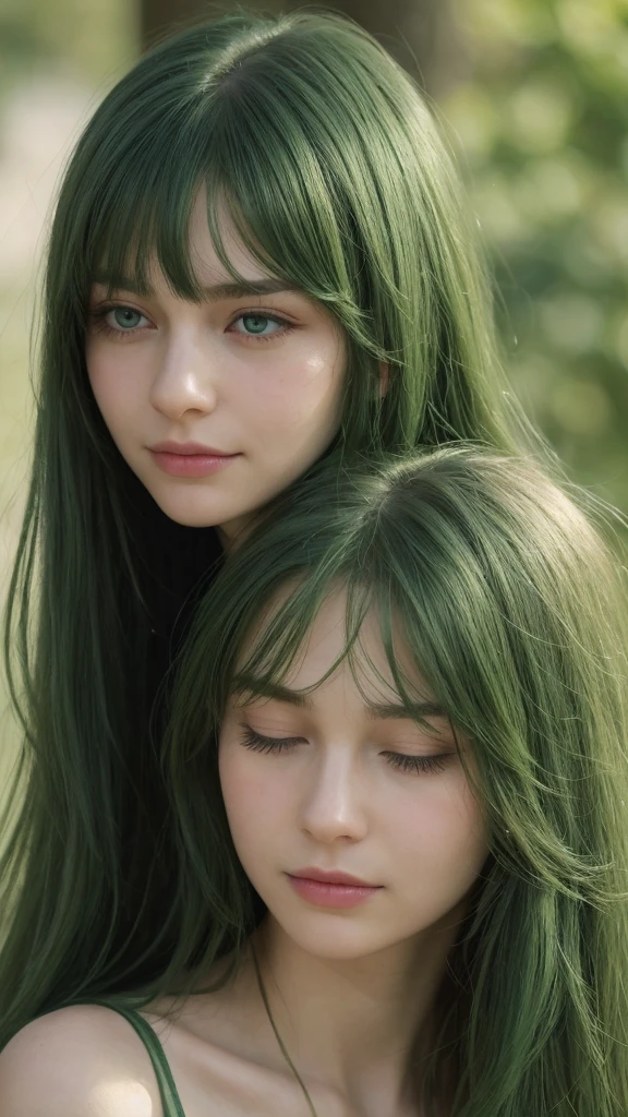 a girl. European. Extremely detailed face. Oval face. Delicate facial features. Half-closed eyes. Long straight hair. Messy hair. Bangs. Green hair. Green eyes. Lustful expression. sad mood. slight smile