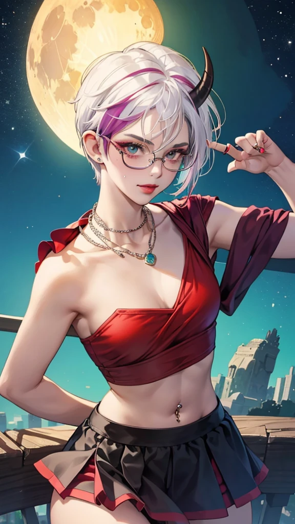 8k, masterpiece, best quality, highly detailed, 1 girl, tiefling, monk, pixie cut, multicolored hair, very short straight hair red highlight hair on white hair, strippled hair, wearing glasses, round glasses, earrings, navel piercing, red eyeshadow, long eyelashes, blushed cheek, red lips, pearl necklace, rings, collarbone, mole on face, glamorous, teal and purple clothes, sleeveless, miniskirt, smirk, close up view, rings, looking at viewer, demon horns, solo, starry sky, plae blue moon, standing, boxing stance, scaled arms, chains on the background.