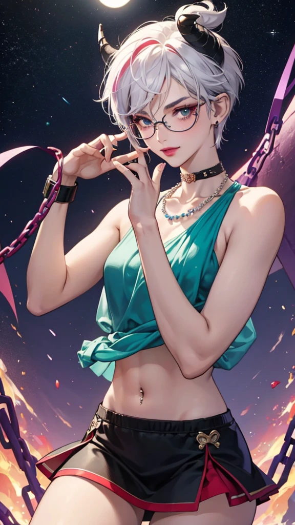 8k, masterpiece, best quality, highly detailed, 1 girl, tiefling, warlock, pixie cut, multicolored hair, very short straight hair red highlight hair on white hair, strippled hair, wearing glasses, round glasses, earrings, navel piercing, red eyeshadow, long eyelashes, blushed cheek, red lips, pearl necklace, rings, collarbone, mole on face, glamorous, teal and purple clothes, sleeveless, miniskirt, smirk, close up view, rings, looking at viewer, demon horns, solo, starry sky, pale blue moon, standing, boxing stance, demonic arms, chains on the background, black lace gloves, left arm crossed, show right armpit.