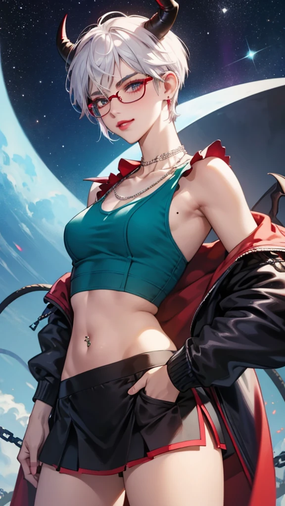 8k, masterpiece, best quality, highly detailed, 1 girl, tiefling, monk, pixie cut, multicolored hair, very short straight hair red highlight hair on white hair, strippled hair, wearing glasses, round glasses, earrings, navel piercing, red eyeshadow, long eyelashes, blushed cheek, red lips, pearl necklace, rings, collarbone, mole on face, glamorous, teal and purple clothes, sleeveless, miniskirt, smirk, close up view, rings, looking at viewer, demon horns, solo, starry sky, plae blue moon, standing, boxing stance, scaled arms, chains on the background.