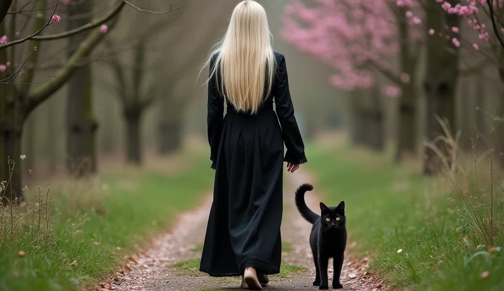 Spring. Beautifull blonde satanist girl walking with black cat