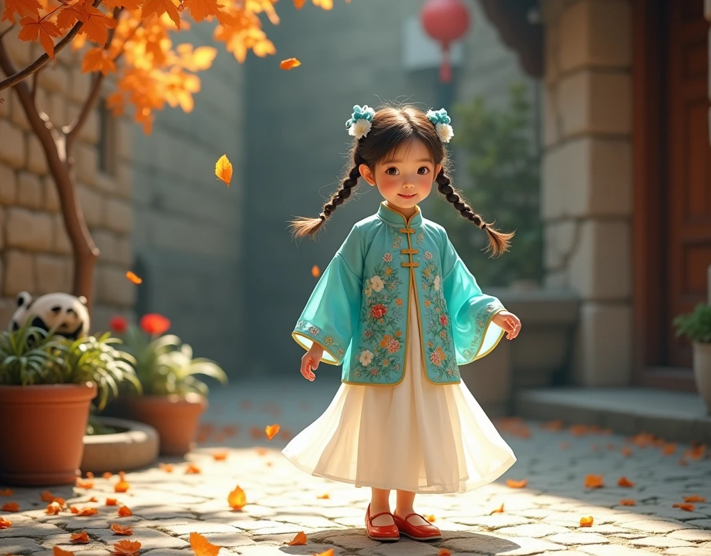 A charming young girl in traditional East Asian attire, featuring a turquoise jacket with floral patterns and a flowing white skirt. She has two playful braids adorned with delicate blue flowers. The scene is set in a serene courtyard with a rustic wall and a wooden door, where a small, adorable panda peeks out from behind a flower pot. Gentle autumn leaves are falling around, adding a whimsical touch to the atmosphere, illuminated by soft, warm sunlight casting gentle shadows on the ground.