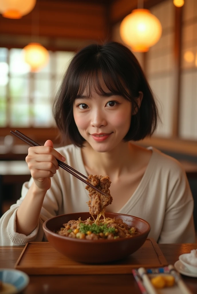 Eating beef bowl, (Full body shot), Highest quality, Soft Light, Ultra-high resolution, (Realistic:1.4), RAW Photos, Japanese Mature, alone, Are fat, the waist is thick, obesity, cute, (A shy smile:0.5), (Brown eyes, Light in your eyes), (High resolution detail of human skin texture), (Short Bob)