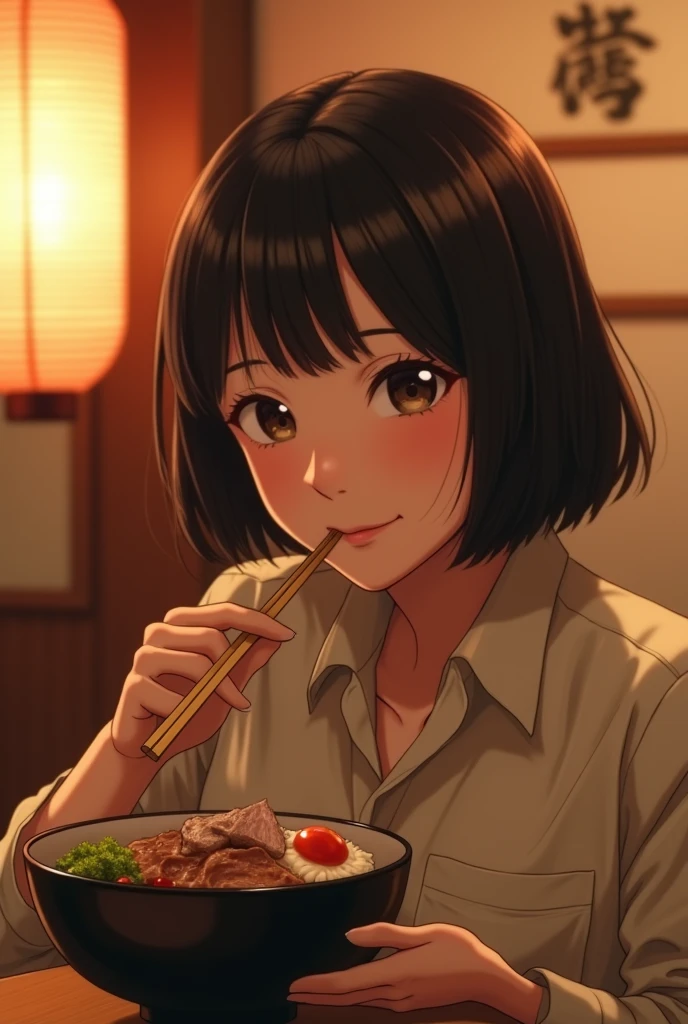 Eating beef bowl, (Full body shot), Highest quality, Soft Light, Ultra-high resolution, (Realistic:1.4), RAW Photos, Japanese Mature, alone, Are fat, the waist is thick, obesity, cute, (A shy smile:0.5), (Brown eyes, Light in your eyes), (High resolution detail of human skin texture), (Short Bob)