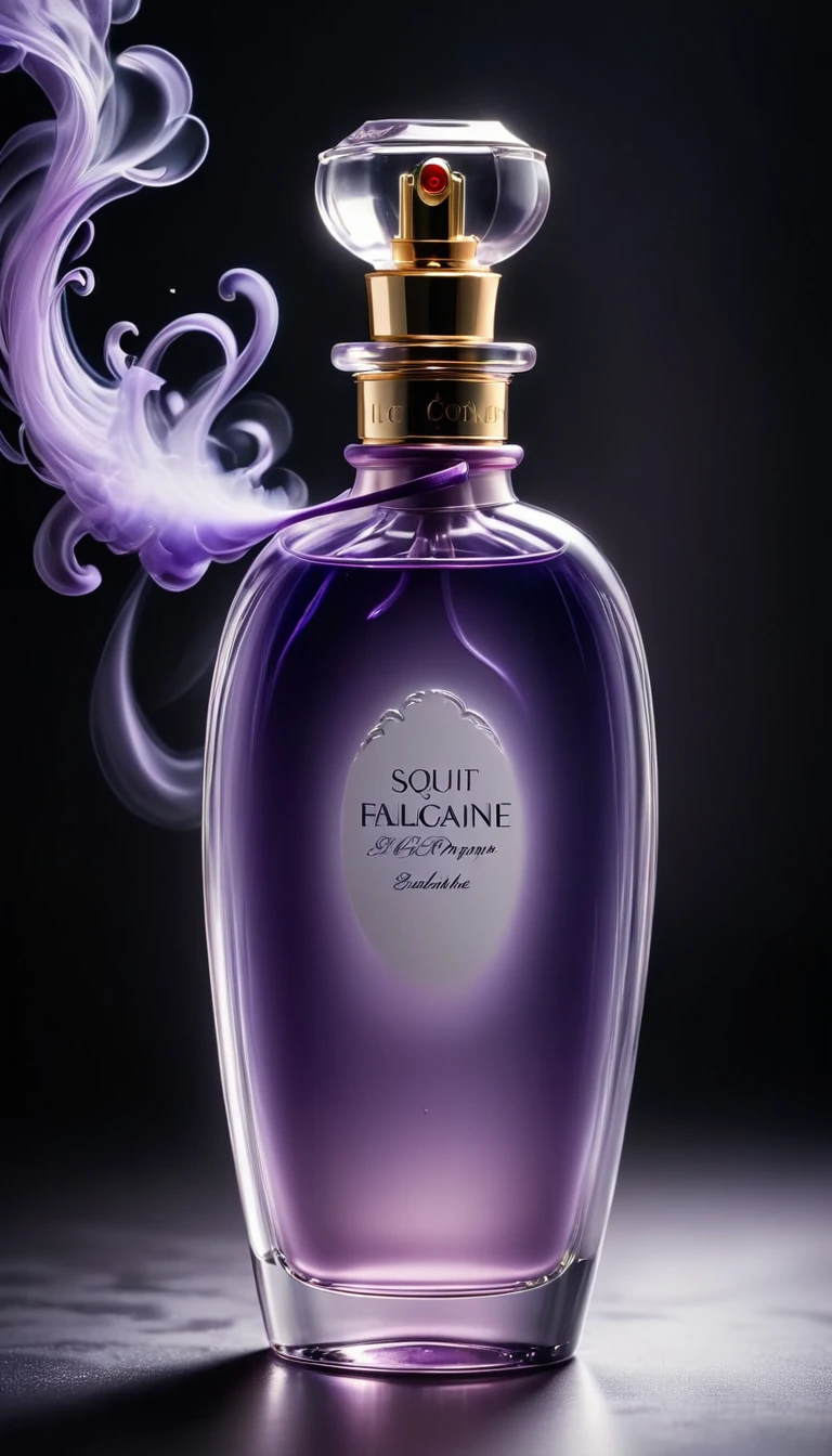 long exposure photo of a{parfume bottle from ice glass engraved text "eau de cologne" content lilac liquid three quarter part(accurate prompt:1.8)sprayed a lilac-purple smoke(lilac to purple gradation:0.7), sprayed to purple lavender petal(lavender:1.2)}in motion, lilac smoke sprayed, vertical angle shot, blurred edges, slow shutter speed motion photography, shot on Fuji Film XT4 camera f/1.2 ISO 200 silver silk curtain background, glowing curtain, oval vignette, focus on the bottle, UHD, best quality wallpaper, 8k, dramatic light, intricate detailed