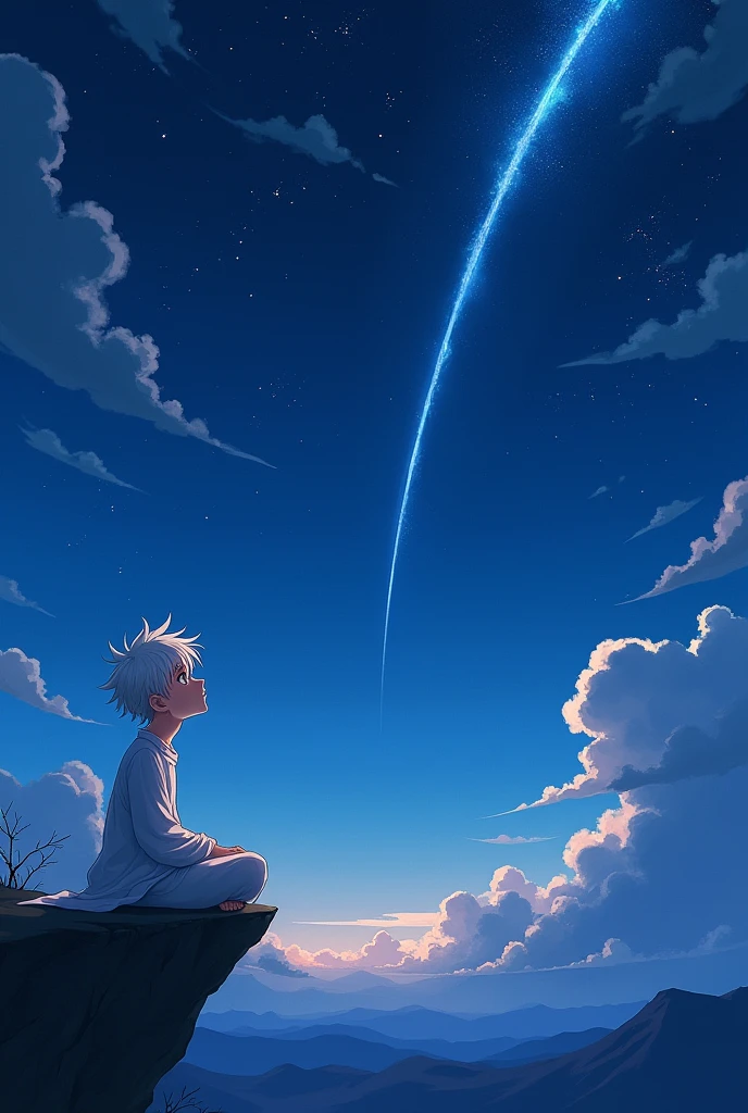 a anime boy with white hair and white clothes at night sitting shooting star