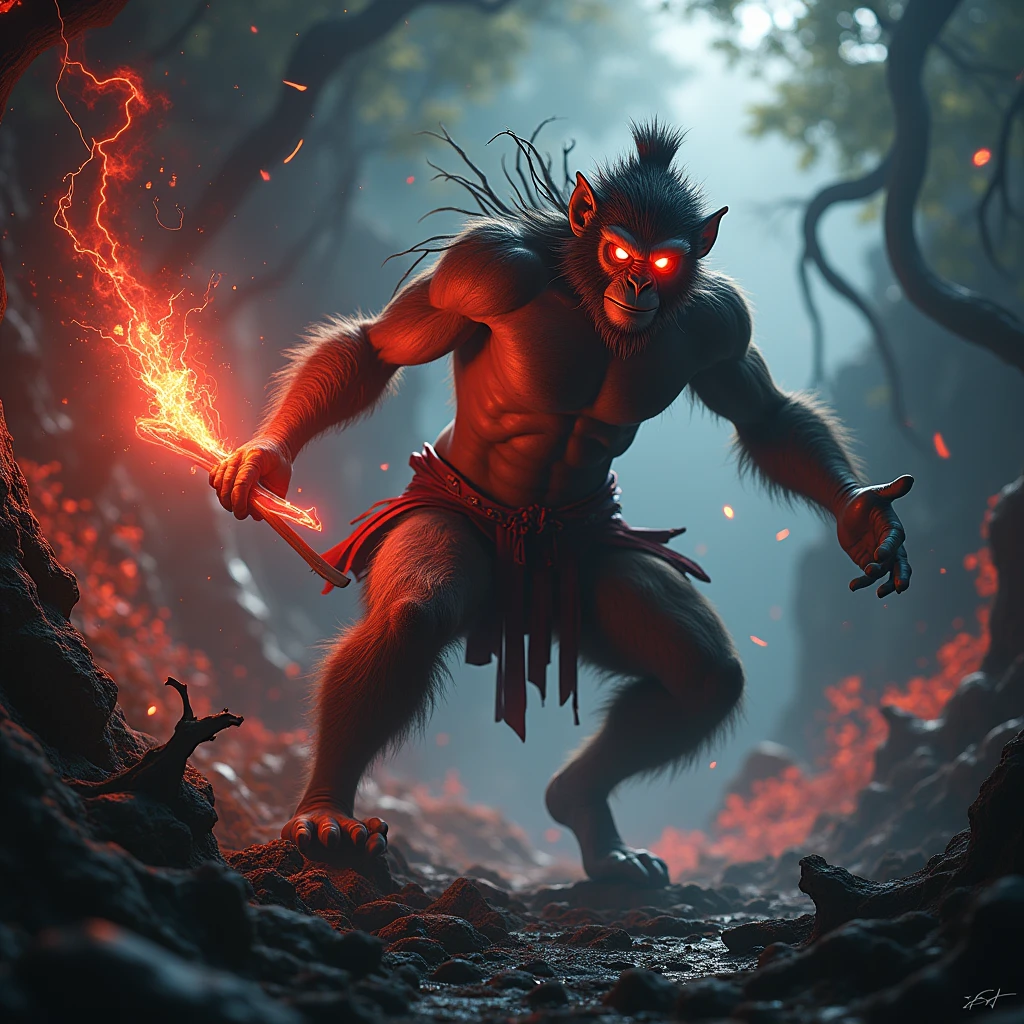 a powerful monkey king, sun wukong, epic battle against four celestial gods, black mythology, detailed muscular figure, fierce expression, red staff, glowing eyes, dramatic lighting, dark moody colors, cinematic composition, intricate fantasy landscape, detailed foliage, dramatic rendering, epic dynamic pose, masterpiece, best quality, 8k, hyper detailed, cinematic dramatic lighting, dark moody colors, vibrant colors, fantasy art