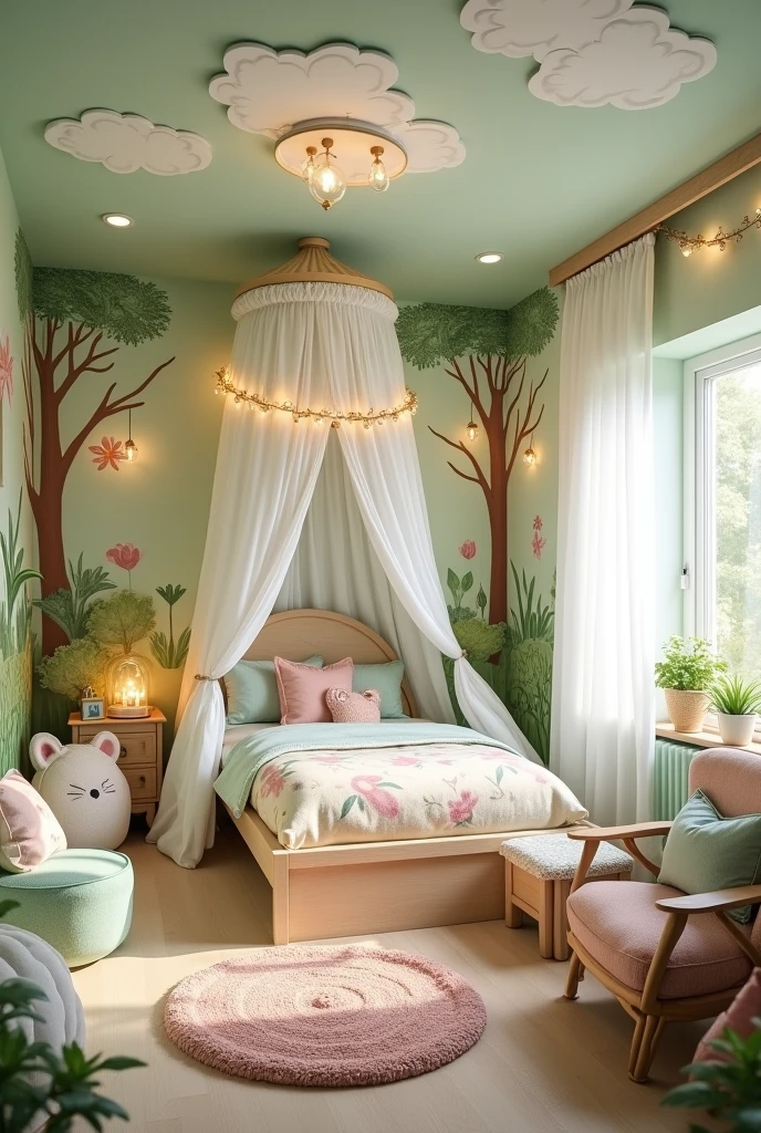 hãy thiết kế giúp tôi 1 phòng ngủ theo phong cách truyện cổ tích cho bé gái, với thiết kế nhẹ nhàng an lành, tông màu tươi sáng với ông màu xanh lá nhẹ nhàng
