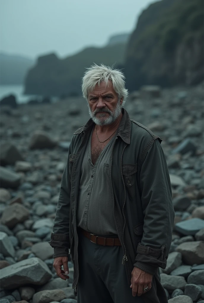 A man with short white hair, a little fat, upset, behind him are scattered stones