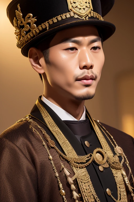 Chinese emperor, black hat, no beard, about 30 years old, face relatively large, brown silk solid color simple official uniform, thin color dragon texture embroidered with openwork embroidery on the clothes, realistic face close-up, character photography, solid color simple background, ambient light, background light, Tyndall light