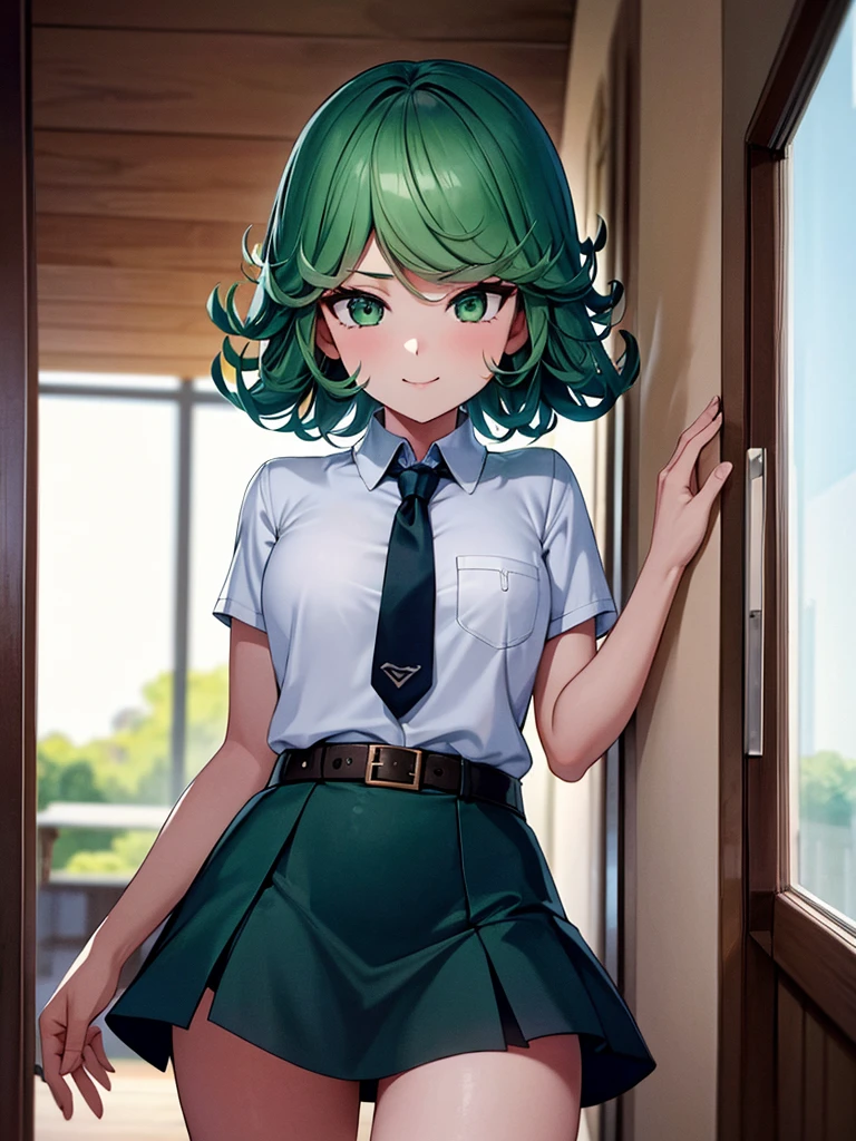 (high res, 8K, masterpiece, looking at viewer, best quality, very aesthetic, ultra detailed, ultra background, ultra Eyes) intricate details, 1girl, Tatsumaki, Chibi, body upright, both hands sideways, Green Short Hair, Green Eyes, short sleeved white shirt, Smile Face, pocket on left chest, wearing a Gray tie, light Blue short skirt, wear a belt, Background school hallway, School, Cinematic Angle