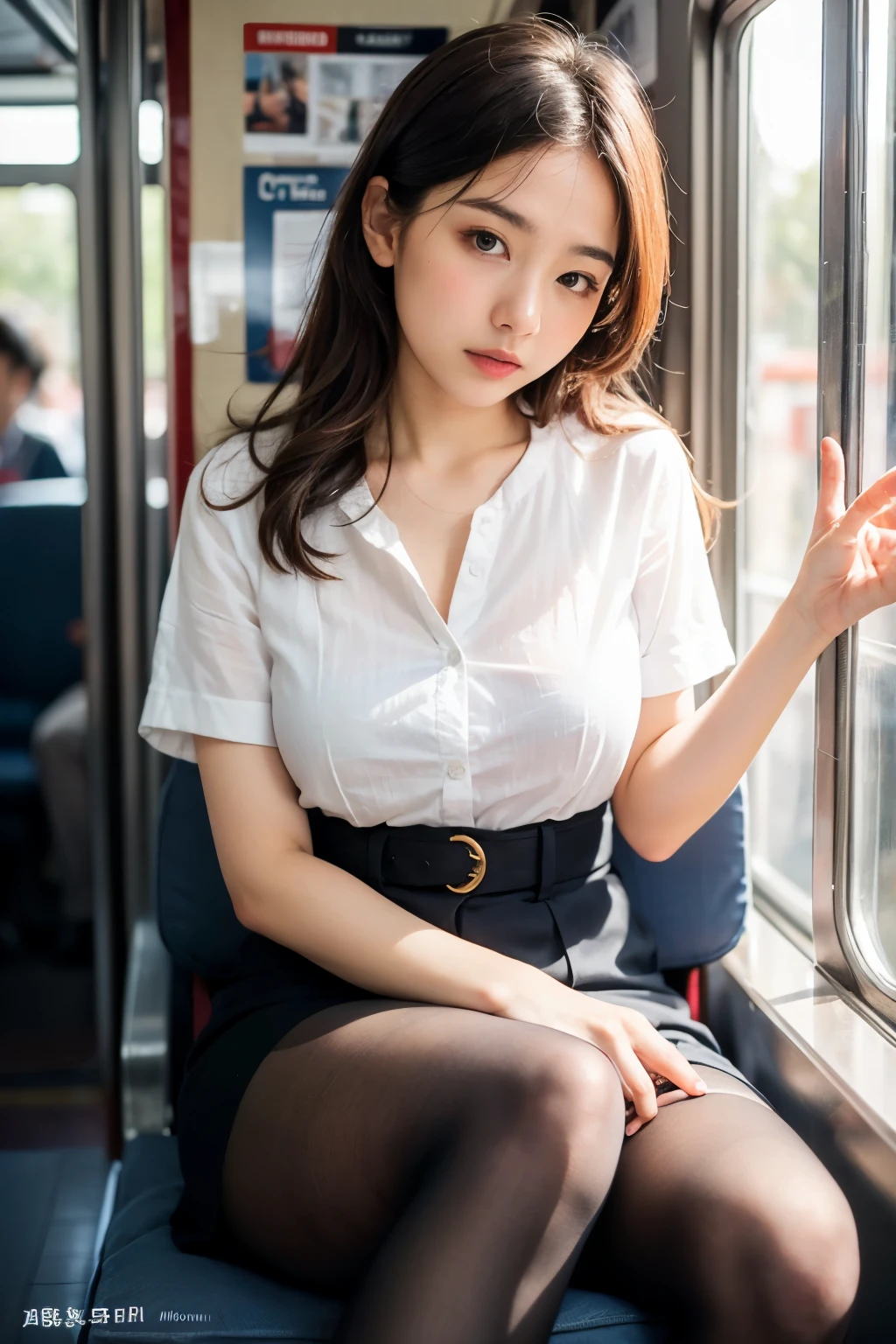 (great masterpiece、hightquality、high-level image quality)、((Beautiful and cute:1.3、A Japanese Lady、Sexy Idol、20yr old、Sense of cleanliness、pure、affectionate))、、(Perfect and correct anatomy、plump and beautiful limbs、Healthy body),(wretched、Brown hair、Black eyes)、Perfect body、Cute、Japan slow train Trains that stop at each station、Tohoku Main Line、Japanese landscape、Happiness、cool summer、Comfortable and relaxing summer、sunlights、Plain clothe、I'm going to take the train and play.、I'm going on a trip、(Professionally taken photos, Successful works、Well done,From an amateur's point of view, Looks like a photo of an unsuccessful work.、Photos where the perspectives of professionals and amateurs are out of sync)、Piece of art、