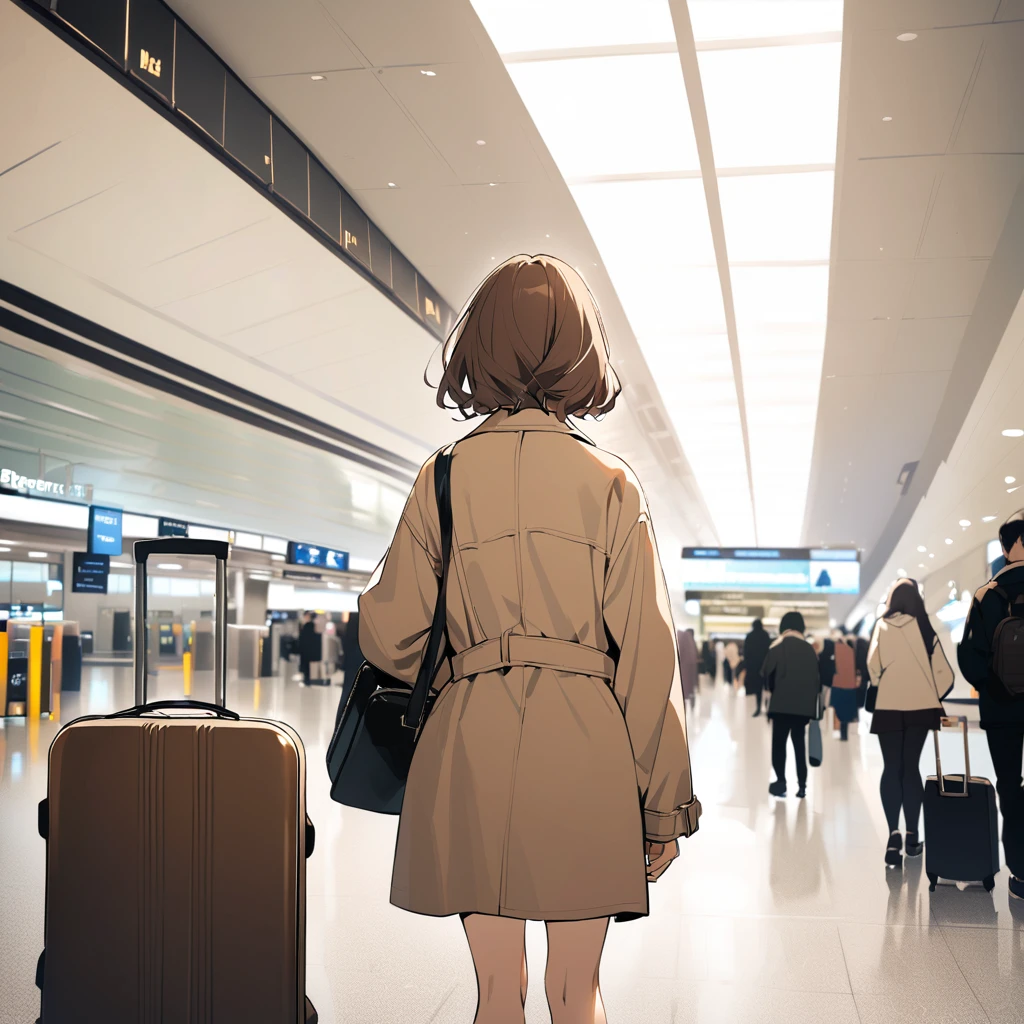 A girl with wavy brown bob hair wearing a dark beige coat. I'm at the airport with a suitcase. Back view.