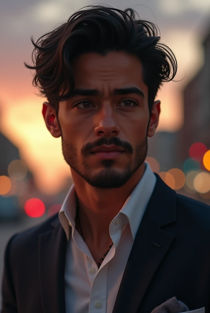 (Photorealism:1.2), LEANDRO DOS SANTOS Mexican 24 years old Light dark complexion Growing beard Drawn eyes Hazel Dark brown hair with a few strands falling on his forehead, short hair, well-defined muscles, 1m78, full lips, suit, not old, very handsome