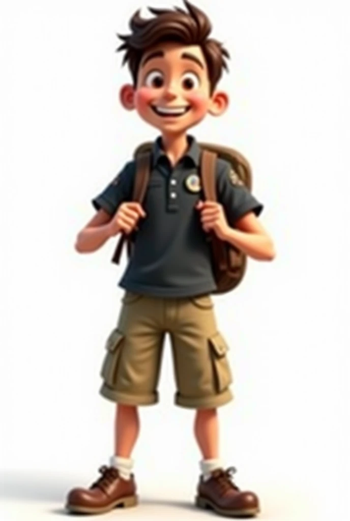 Boy Scout logo not with shorts but with military pants and a black polo shirt, sharp animated image with some happiness without a background and his backpack with a white background, not shorts