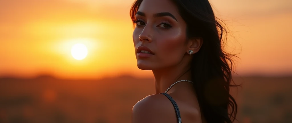 8k, RAW photo, best quality, masterpiece:1.2),(realistic),sunset,soft light,"photo of a Beauty persianwomen , extremely beautiful face,bust,curve hairstyle,black hair color,pigsney, adult content,nsfw,cleavage, dress,black high heel,shiny skin.