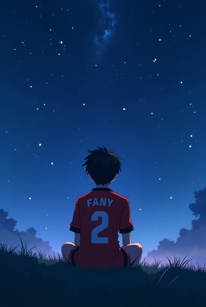 High quality photography, The 17-year-old has the name Fany on his back with the number 2 below., Football Shirt The boy has his back turned and is sitting in the night watching the stars Anime drawing,