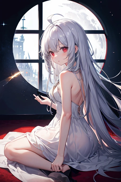 One person, solo, Long Hair, High resolution, chest, とてもLong Hair, Gray Hair, Ahoge, High resolution, masterpiece, Highest quality, Simple Background, Red eyes, Open your mouth a little, prison、Jail、薄dark、night中、Crescent Moon、White dress、noble、Lady、Sitting on the floor、Light shines in like a spotlight from the only window、Very small window、Round window、High up windows、Fantasy、moonlight、night、Back view, Simple Background, Overlooking, Fisheye Shot, dark、Reaching for the light、night、背景はdark
