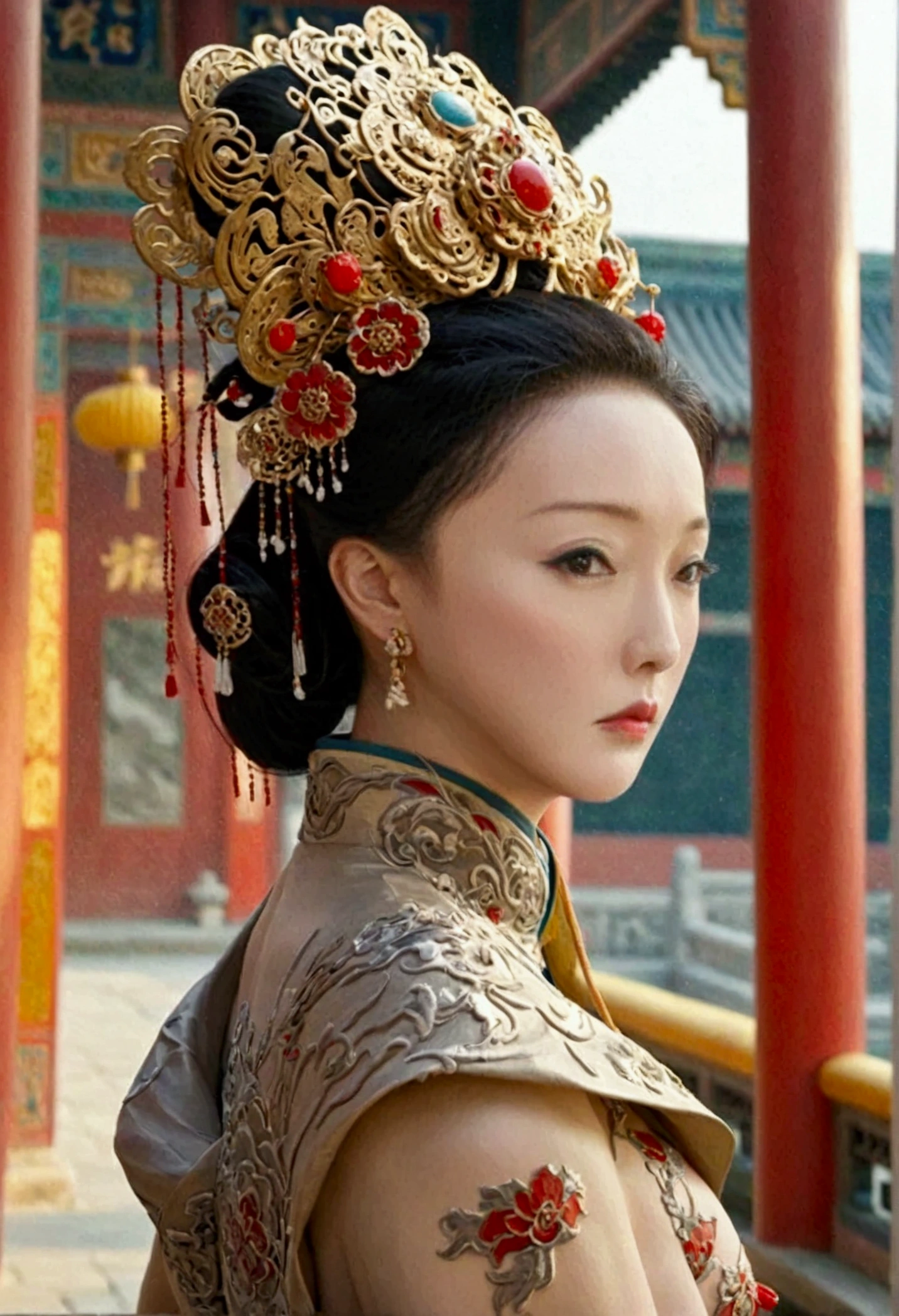 The Empress of the Qing Dynasty was naked and had slightly large breasts., Pose on all fours, You can see her sticking out her butt from the side., The background is outside of a Qing Dynasty palace