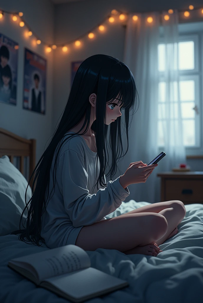 Anime sad girl  play with phone  in bedroom
