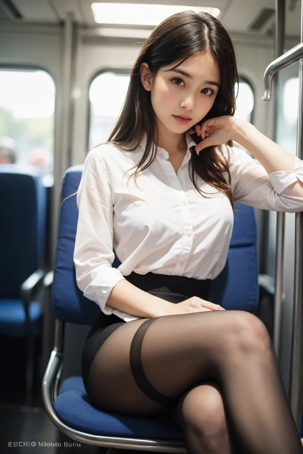 (masterpiece, Highest quality, 8k, RAW Photos, beautifully、beautiful:1.2), Intricate details, indirect lighting, Realistic,
whole body, Sitting on a chair on the train、Gazing at the audience、Voyeur、Photographed from the front、Focus on the inner thighs、
Square neck button-down linen sundress, (Ultra-realistic pantyhose)、
woman'training , Chair to sit under skirt,
