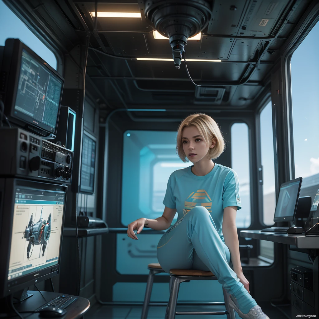 ((gorgeous realistic short hair blonde female 35 years age in a realistic futuristic space station)), in a large room, ((playing Computer Games)), ((sitting on a stool with display and glowing control surfaces)), she is wearing a teal and grey track suit, (photorealistic), (in light grey and teal T Shirt and slacks), (Style-Glass), (()), hdr, antialiased, 8k, ((syd mead)), sharp details, ((masterpiece)), (painterly), (good anatomy), (good proportions), (good composition), (dramapaint), (style-sylvamagic)