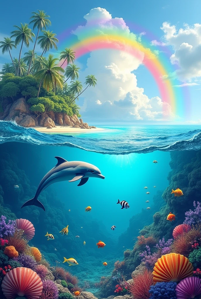 Dolphin next to an island with a rainbow and everything is sparkly and in the ocean there is shells and corals and other see creatures that are also full of color