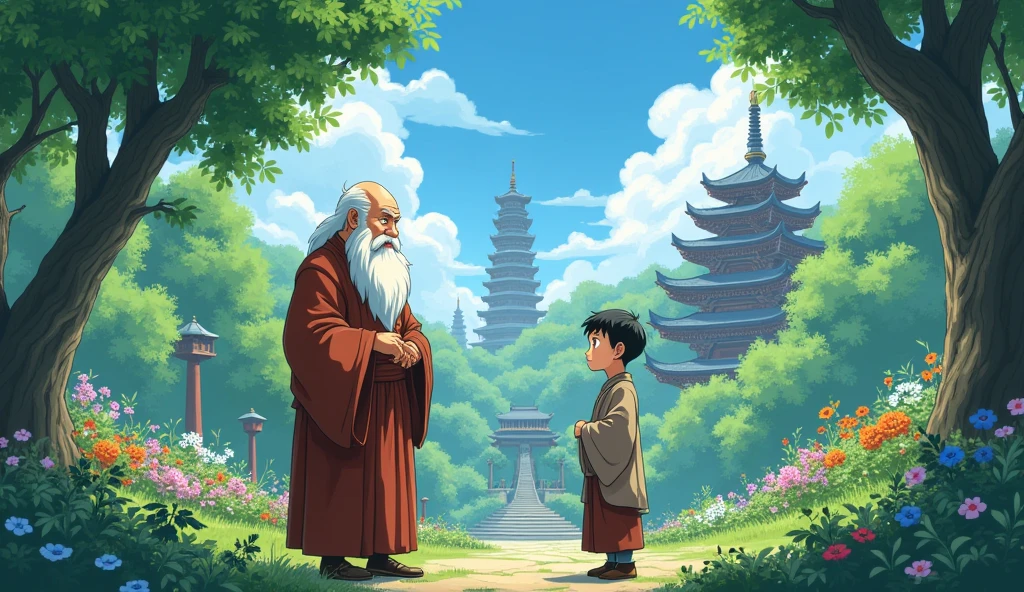 Old fat monk talking and standing with young monk student, beautiful garden, in anime style, trees, surrounded by temples,