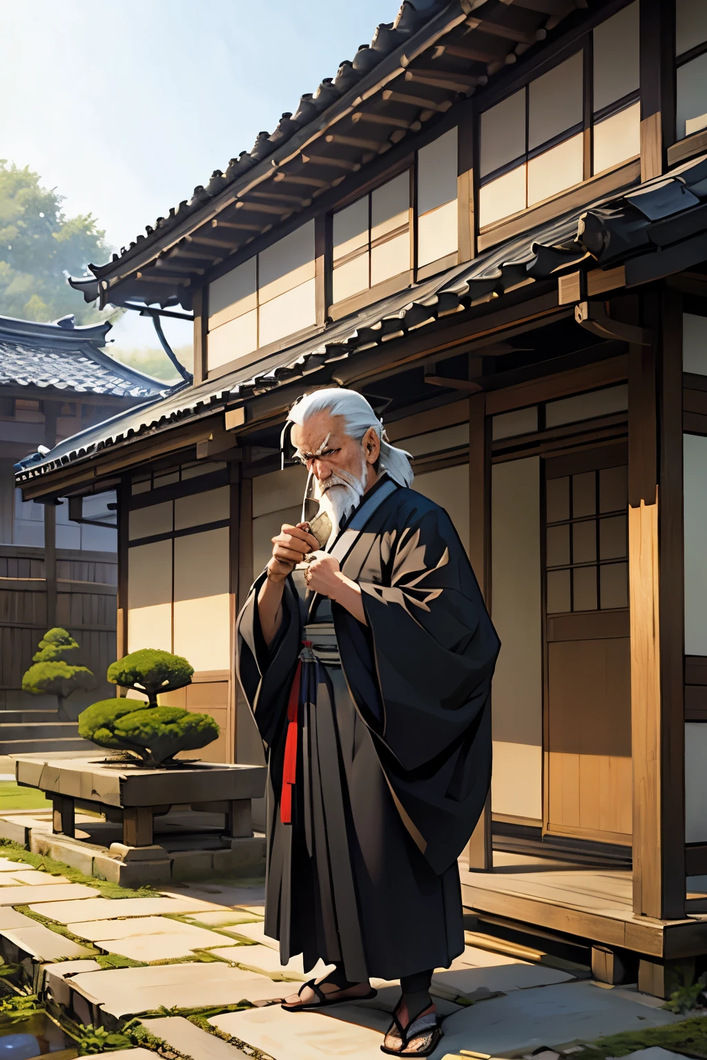 old feudal japanese old man drinking tea and looking grumpy on his house garden