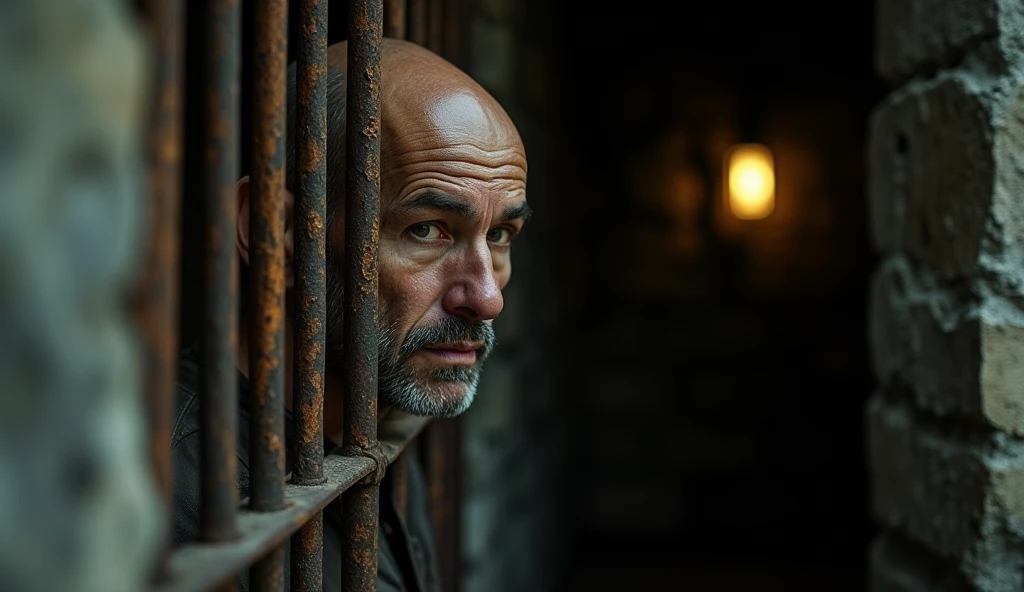 God given hair, inside a cell, venezuela, A bald man with a worn expression stares out from behind the rusted bars of the prison., her face partially illuminated by a dim light in the background. 