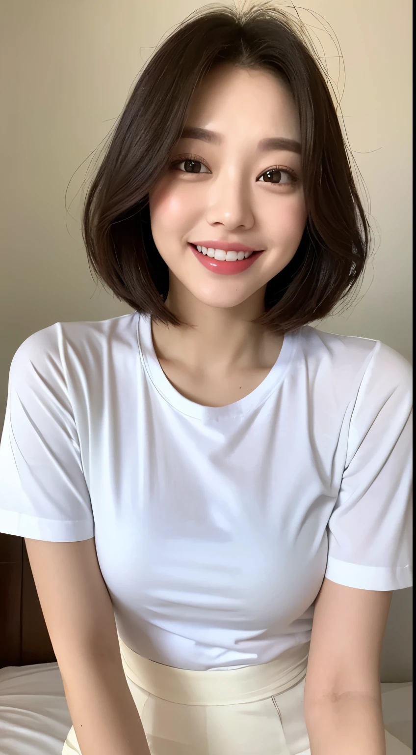 White tight shirt、White mini skirt、bed、smile、Short sleeve、High resolution、Korean idol face、double eyelid、short hair、White teeth