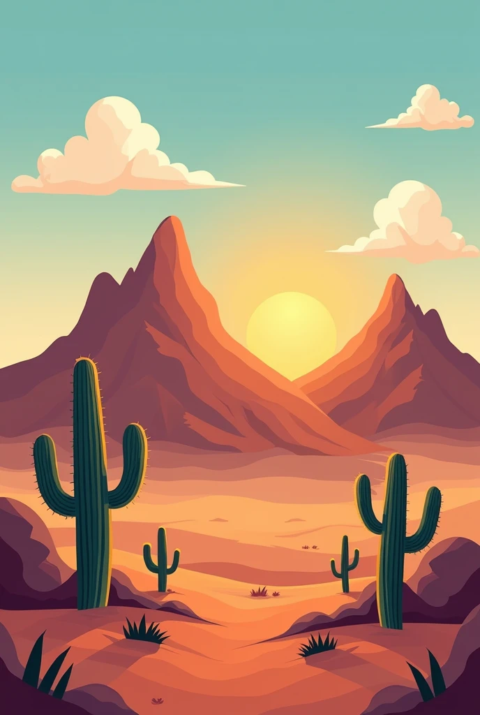 wide angled Point of view a little bit far of 2 desert mountains and 3 different types of cactuses scattered around in vector style a little bit orange in color with clouds