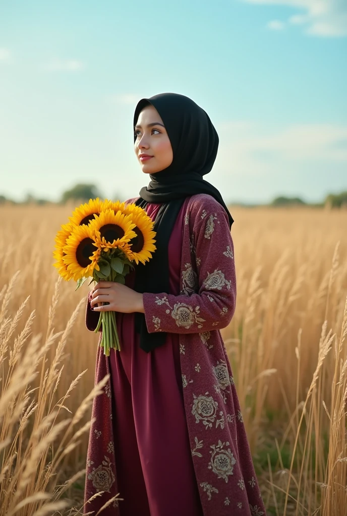 An artistic pastel blue-themed photo of a woman in a hijab, black color hijab, maroon dress with long flowery cardigan, holding sunflower bouqet, kawaii, standing amidst a field of tall, golden grass. The scene is bathed in warm, soft sunlight, with the blue sky overhead creating a harmonious and tranquil contrast.