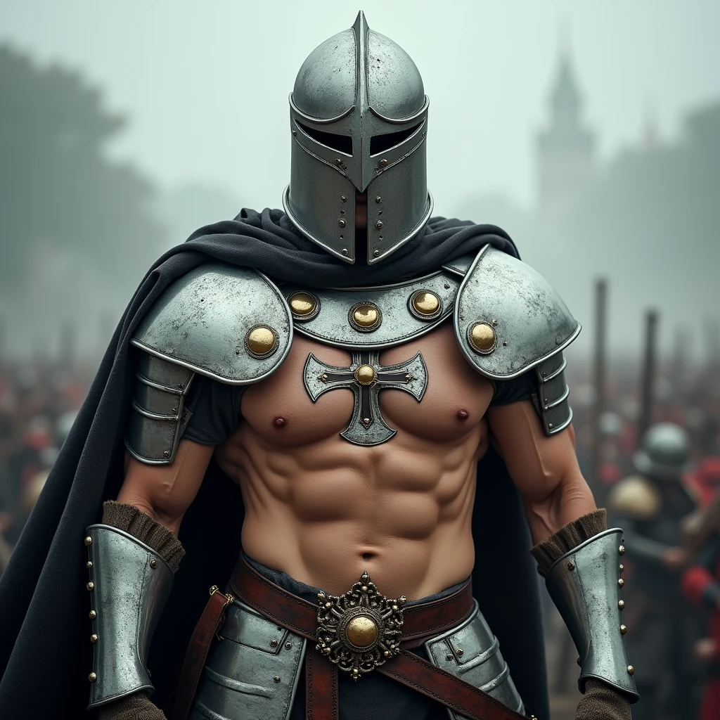 A white man in his 30s, wearing RPG game warrior-style clothing and a helmet that covers his entire face. The helmet is silver,
The helmet is circular in shape and has a thick cross-shaped band on the front of the face centered around the eyes. Only the eyes have eye-shaped holes so they can see.
The brown collar is thick and high around the neck. 
Silver armor covers the chest area, but the abdominal muscles are exposed. The shoulders are also armor-style with bare skin exposed, and the shoulders are without any protective gear, showing large muscles.
There are silver round buttons on both sides of the shoulder bones, and they are fastened to these buttons, so that the cloak is connected behind the shoulders.
There is a large, subtle gold decoration in the center of the chest armor. It is a simple and heavy decoration in the medieval style.  
On his hands, he wears very large, sturdy-looking armored armor. 
A solemn pose with a sword on his shoulder,