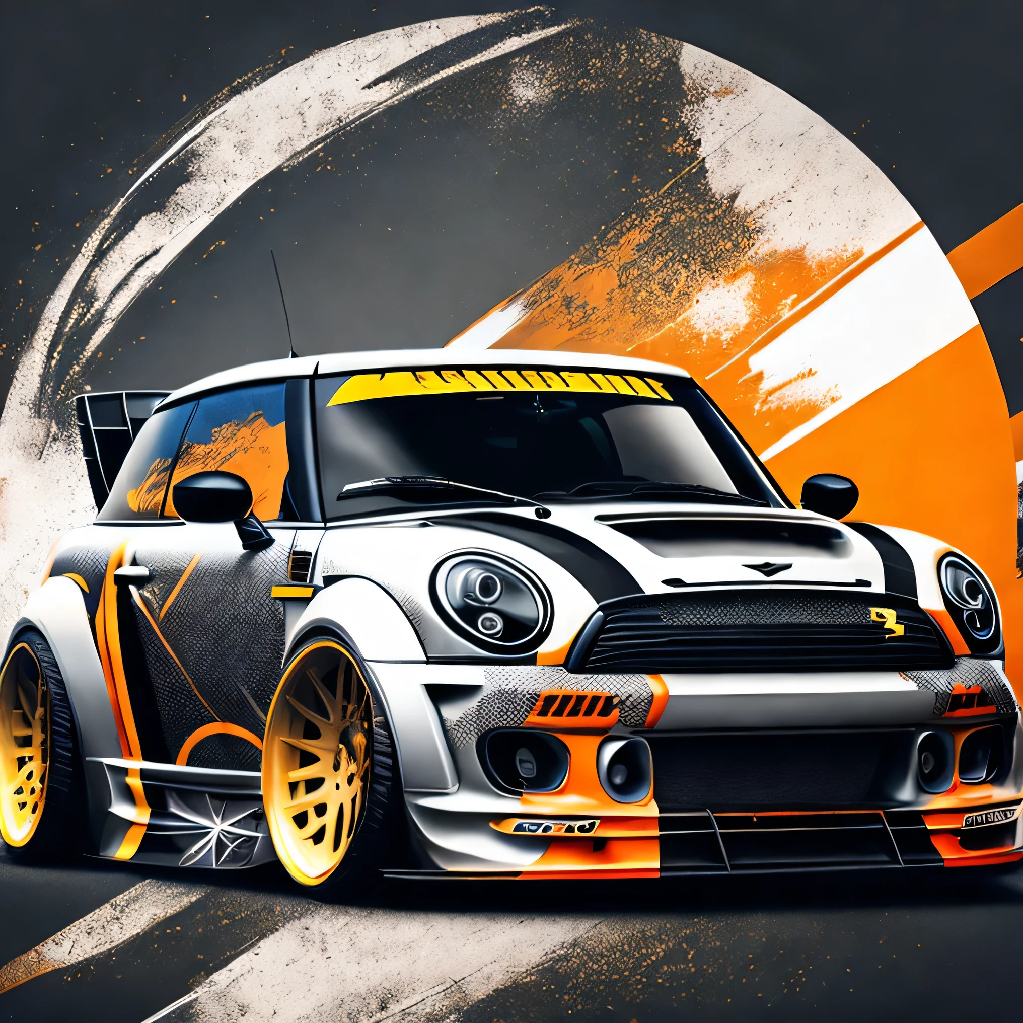 Zephyr Designz circlular splash style Artwork for t-shirt graphic design a race inspired graphic design front profile shot R56 JCW Mini Cooper S matte grey colour scheme, Zephyr Designz carbon fibre body kit design, Liberty walk ultra wide body kit, aggressive stance background: racetrack, outside old industrial style building, large windows in background, bright sky, heavy industrial look, 8K quality, realistic, realism, sharp, detailed, ultrawide, ,epic ultra wide body kit, super low stance, aggressive looks , vector image, t shirt design circular faded edges