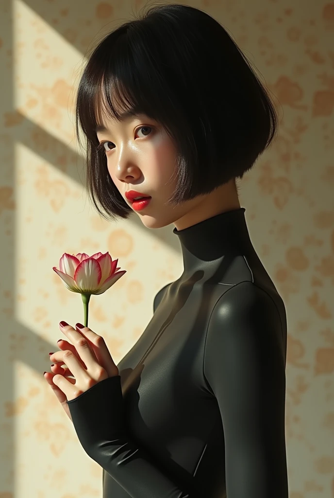 editorial photography,super detailed background,Super realistic,double exposure,depth of field,asian beauty super skinny vides,soft focus tone,narrative scene,Wabi-Sabi wallpaper,open Crimson lips,narrow eyes,For entertainment matte rubber bodysuit,super short bob-cut hairstyle,,Portrait photo of a woman with a single flower,negative fill,Photo with shadow effect with negative fill placed at the bottom,