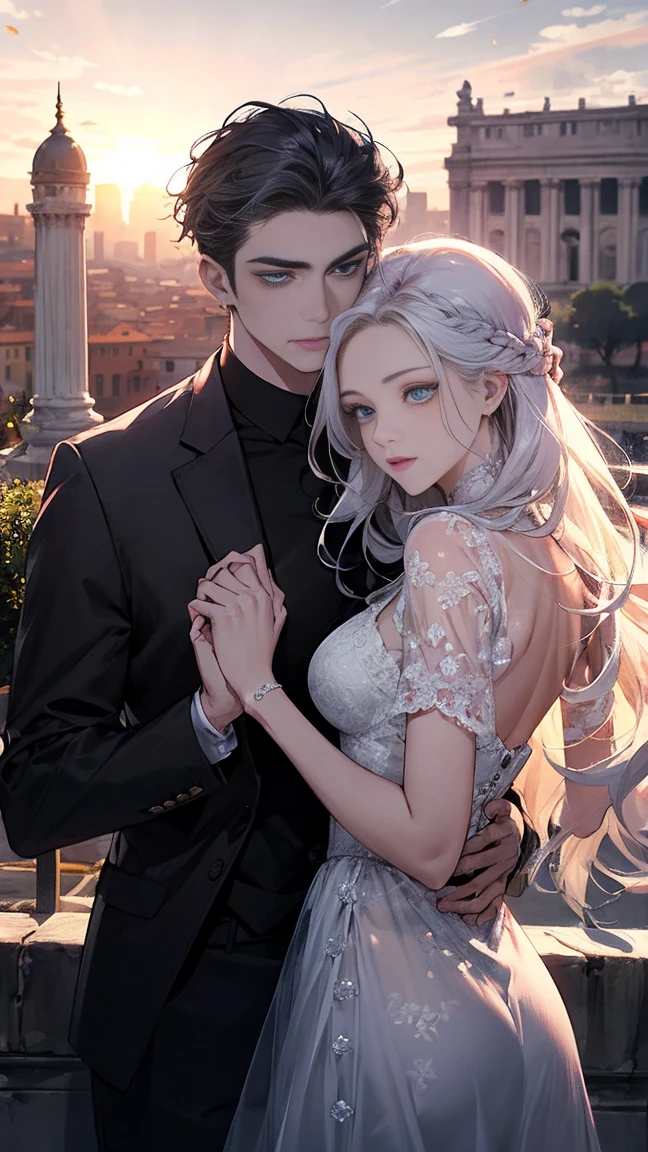 จักรพรรดิromeันคอนสแตนตินมหาราช((Black-haired man,blue eyes)). The great emperor and the beautiful woman named Serdika((White-haired woman,blue eyes)), beloved by the จักรพรรดิromeันคอนสแตนตินมหาราช. Happy couple. The bond of eternal love. Mutual love. Pure Love. romantic, sunset, Only return, Realistic, fresh breeze of early summer.“romeของฉันคือเซอร์ดิกา” ด้วยความรัก.rome.งดงามและmelodic. Amazing. With admiration for Sofia, Bulgaria.epic. melodic.Amazing , View background. in the city. It's so beautiful.. high resolution. High quality. high resolution. digital art. It's so beautiful.. high resolution. High quality. high resolution. digital art.