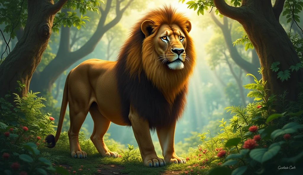 In the jungle, deep and green,
Lives a lion, strong and keen.