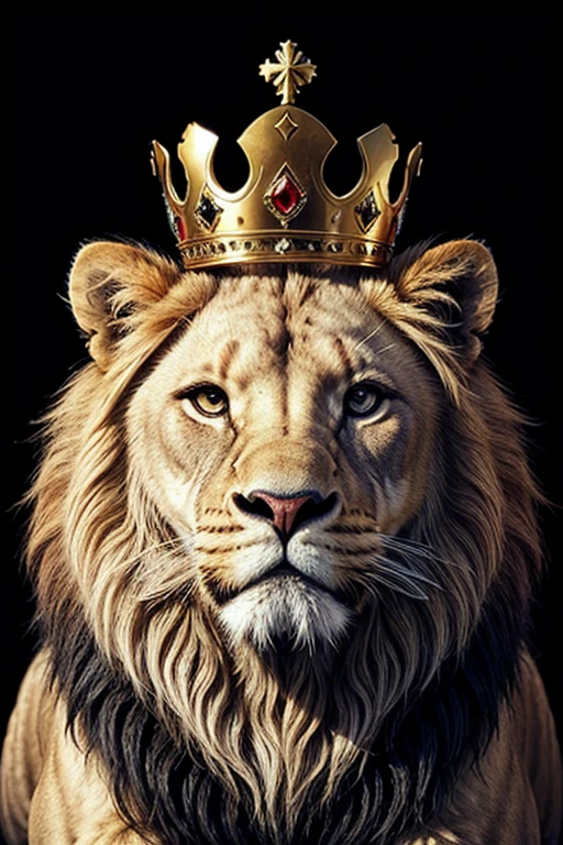 Hyperrealistic lion face with crown, vector without background