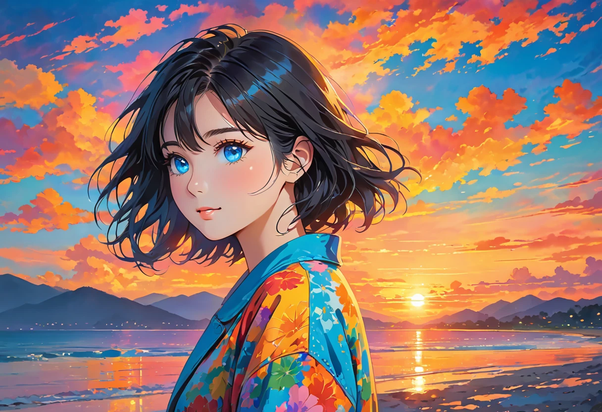Woman in front of colorful sunset, single girl, alone, black hair, blue eyes,